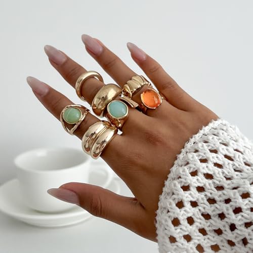 Chunky Gold Rings for Women Non Tarnish Silver Chunky Rings Set Adjustable Thick Statement Ring Gold Stackable Ring for Women Trendy Fashion Silver Jewelry - style: Style8-Blue Gemstone 7Pcs