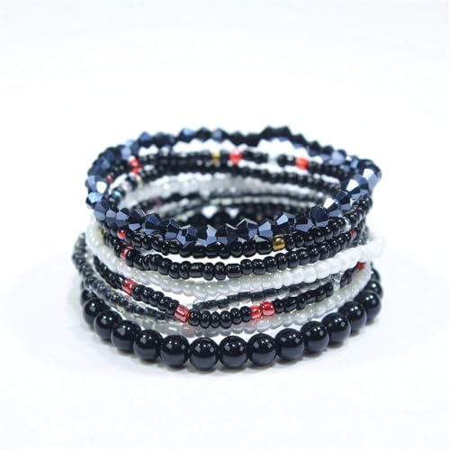 Boho Stackable Rice Beaded Bracelet Set for Women 8-10Pcs Colorful Handmade Multilayered Crystal Beads Bracelets Summer Beach Bohemian Jewelry Gift - color: B Black