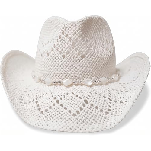 TOVOSO Western Cowgirl Hat, Straw Cowboy Hat for Women with Shapeable Brim, Beaded Hearts Trim, Shapeable Cowboy Hat - color: White With White Trim