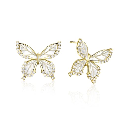 Pink Flower Earrings for Women, 925 Sterling Silver Stud Earrings, Cute Plumeria Earrings For Women, Cherry Blossom Hypoallergenic Stud - color: Sparkle Butterfly