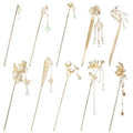 10 Pack Retro Gold Metal Long Hair Sticks Pins with Pearl Jade Dangles Tassels Pendants Chinese Hanfu Asian Flower Butterfly Hair Chopsticks Hair Picks Bun Forks Holders Hairpins