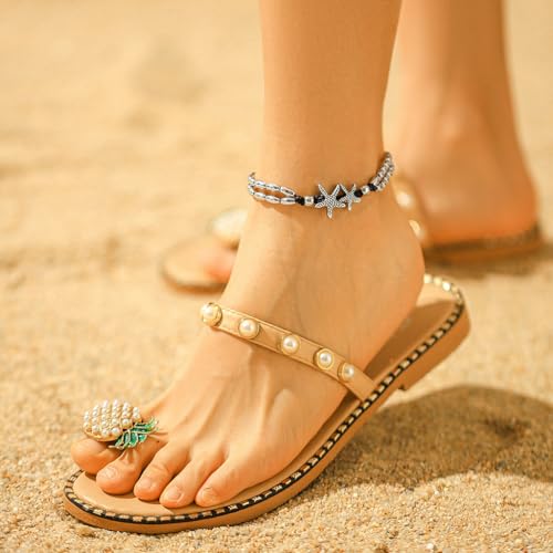 Beaded Anklets Bracelets Boho Handmade Turtle Starfish Whelk Shell Tree of Life String Ankle Bracelet Summer Beach Waterproof Barefoot Sandals Foot Jewelry for Women - color: Black