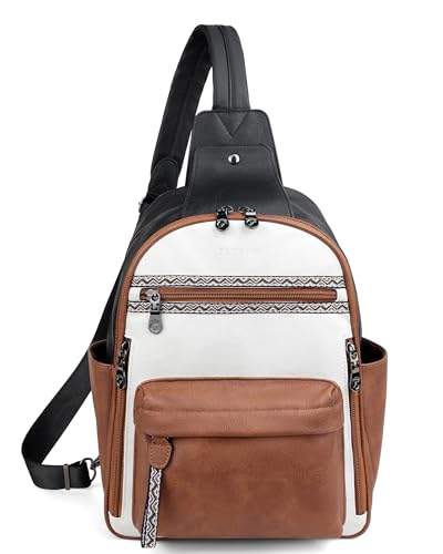 FADEON Large Sling Bag for Women, Leather Crossbody Purse Designer Anti Theft Sling Backpack, RFID Fanny Packs for Travel - color: Black-beige-brown Retro Style