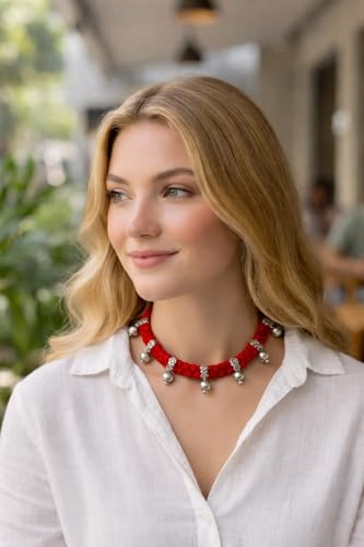 athizay Boho Charm Thread Choker Necklace – Braided Bohemian Choker with Oxidized Silver Dangle Charms | Handmade Boho Jewelry for Women - color: Red, Silver