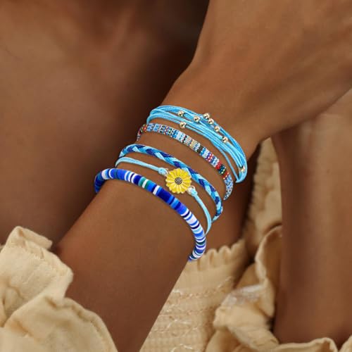 Beach Summer Ankle Bracelet for Women Handmade Braided Adjustable String Anklets Waterproof Surfer Bracelet - color: flower/blue