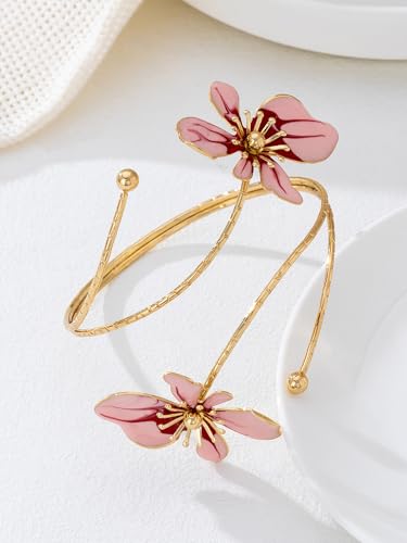 Flower Arm Cuff for Women Floral Upper Arm Bracelet Pink Flower Jewelry Gold Tone Adjustable Upper Arm Cuff Jewelry for Party and Daily Wear