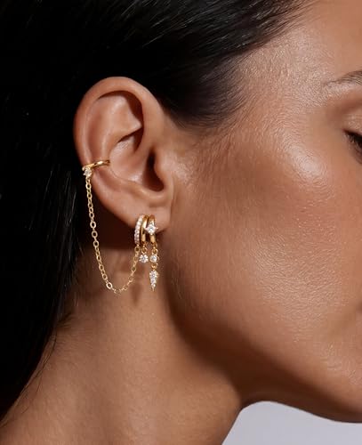 Triple Huggie Stacked Earrings for Women Gold Chain Drop Dangle Earrings Cute Statement CZ Earrings Trendy Dainty Jewelry Gift - color: Gold 10