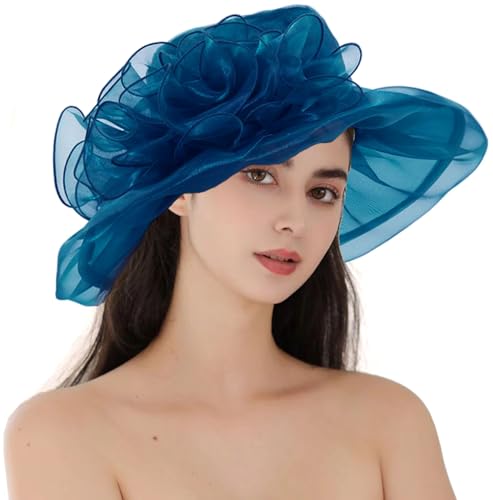 Women's Kentucky Derby Church Dress Hat Wide Brim Leaf Flower Bridal Shower Hat - color: G1-navyblue