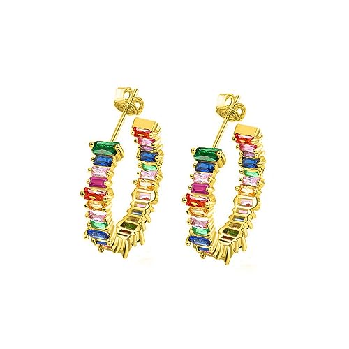 Savlano 14K Gold Plated Cubic Zirconia Multicolor Rainbow Round Hoop Stud Earrings for Women Comes with a Gift Box - color: Yellow Gold