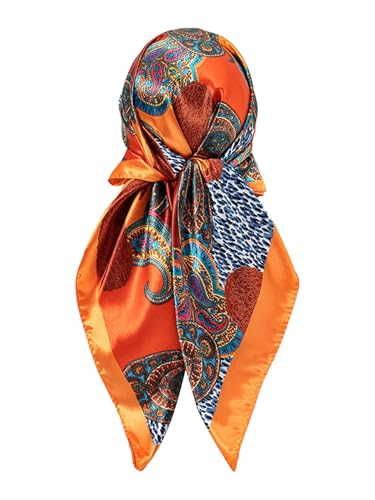 SweatyRocks Women's Printed Satin Hair Scarf Neckerchief Square Scarf Bandanas Head Wraps - color: Orange Paisley