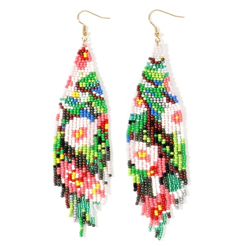 Bohemian Beaded Long Tassel Dangle Earrings for Women, Handmade Jewelry White Tarnish Resistant Lightweight Design, Stylish Accessory for Beach Vacation Party and Gift - color: colors-1
