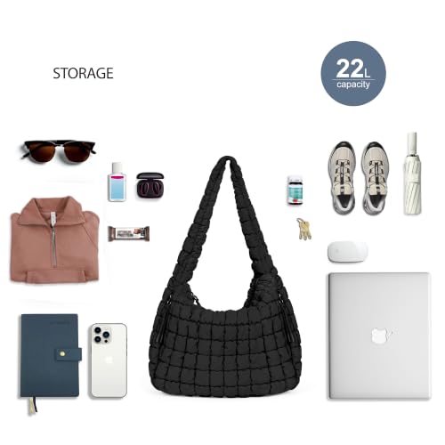 ODODOS Quilted Carryall Tote Bag for Women Crossbody Hobo Lightweight Padding Shoulder Bag - color: Black