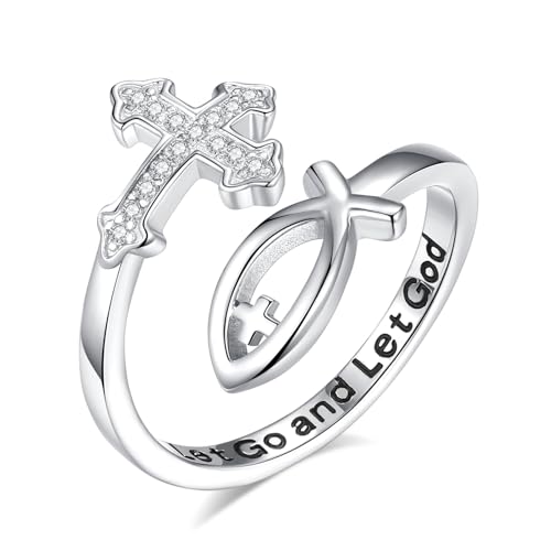 Vito 925 Sterling Silver Adjustable Open Spoon Ring for Women Men, Lotus Sunflower Snake Spoon Band Rings Feather Hug Witches Knot Inspirational Jewelry Gift for Wife - style: Jesus Fish-Silver