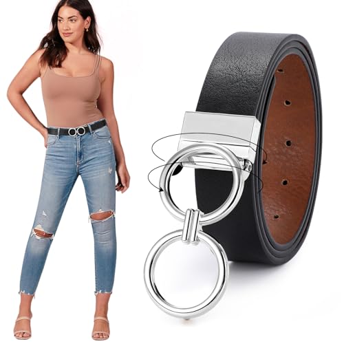 JASGOOD Women Leather Belt,Reversible Belt,Leather Waist Belt for Jeans Dress with Gold Double O Ring Rotate Buckle - color: E-black+brwon(shinny Silver Buckle), size: Length 37":Fit Size 28"-32"