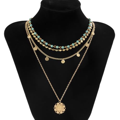 Layered Boho Necklace for Women Turquoise Stackable Sequin Coin Pendant Necklace Charm Toggle Clasp Beaded Chain Beach Prom Dresses Accessories - color: Gold-Sun