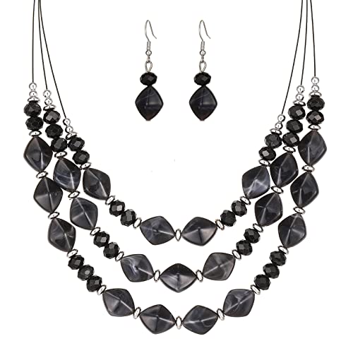 3 Layered Chunky Statement Necklace for Women Beaded Strand Necklaces with Earring Fashion Costumes Collar Necklace Jewelry Sets Gifts for Women - color: Black