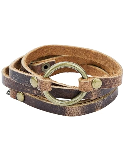 SPUNKYsoul Buckle or 5 Wrap Leather Circle Bracelet - Handmade Adjustable Leather Wrap Bracelet for Women & Men, Unique Distressed Stackable Jewelry with Symbolic Circle for Everyday Wear & Gifting - style: Women's Brown
