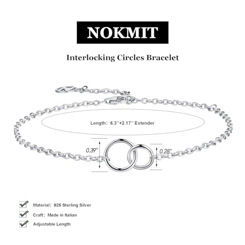 NOKMIT Solid 925 Sterling Silver Bracelets for Women, Dainty Interlocking Circles Cubic Zirconia Adjustable Chain Bracelet, Trendy Stackable Link Bracelets, Simple Cute Jewelry Gifts - color: Silver Interlocking Circles