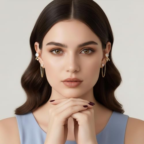 A Pair of 14K Gold Plated Chain Ear Cuff Earrings for Women - 316L Surgical Steel Post Hypoallergenic, Cubic Zirconia Crystal Tassel Drop Dangle Crawler, Non-Slip Cartilage Clip On Jewelry Gifts