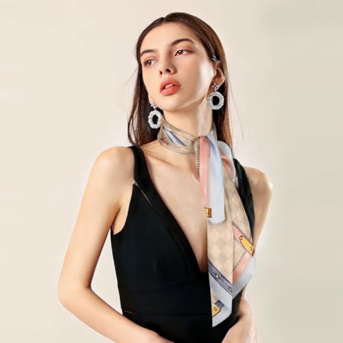 Relang Fashion Silk Satin Head Scarf for Women Hair Bandana Hair Scarf Wrap Neck Scarf for Women 27.5×27.5 inches - color: Beige Plaid With Blue Trim