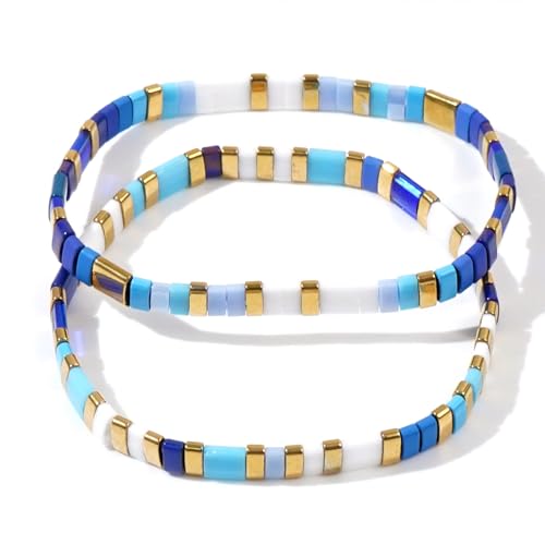 Tila Flat Beaded Stretch Bracelet for Women,Bohemian Friendship Bead Bracelets Handmade Stack Boho Jewelry Accessory for Everyday Wear, Vacation and Friend Gifts - color: blue-02
