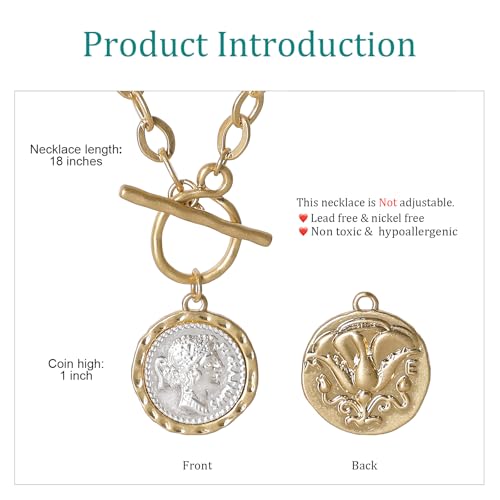 Chunky Gold Coin Necklace for Women Silver and Gold Chain Pendant Necklaces 18 Inch Antique Toggle Thick Link Fashion Jewelry Gift for Women - style: Worn Gold & Sliver-F