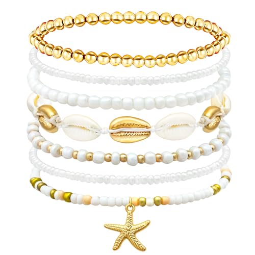 Beach Bracelets for Women Bohemian Stackable Heishi Surfer Bracelet Set Elastic Seashell Starfish Boho Friendship Bracelets for Summer Beach Party Holiday Vacation Jewelry - color: Starfish-7CPS