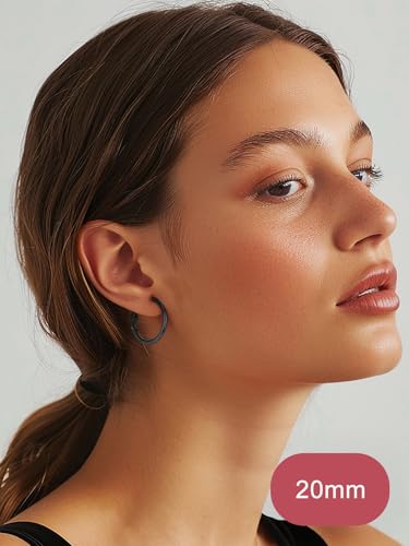 FOCALOOK 14K Gold Plated Lightweight Large Hoops| 2mm Thin Hoop Earrings for Women 30/40/50/70/100mm - color: 01.Black, size: 20mm