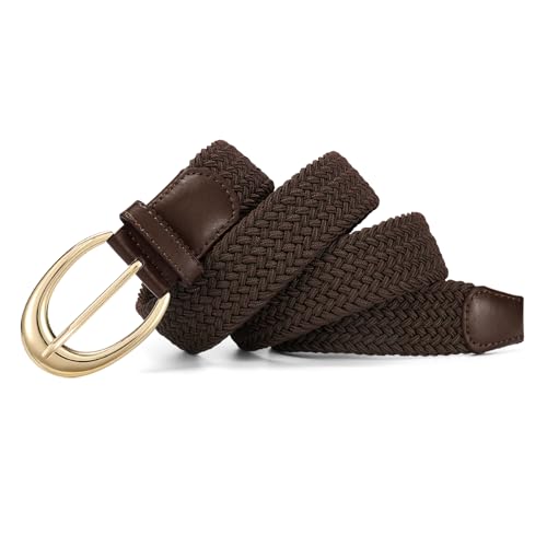 LEACOOLKEY Stretchy Braided Golf Belt for Women Elastic Woven Belts Unisex Elastic Fabric Belt for Jeans Pants - color: Coffee/Gold Buckle, size: Fit waist size below 27"