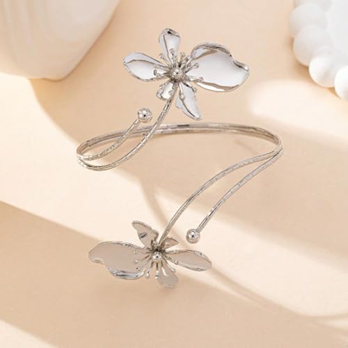Arm Cuff Jewelry for Women Adjustable Flower Cuff Bangle Bracelet Gold Armband Upper Jewelry Gifts for Women Boho Western Accessories - color: B2:silver flower