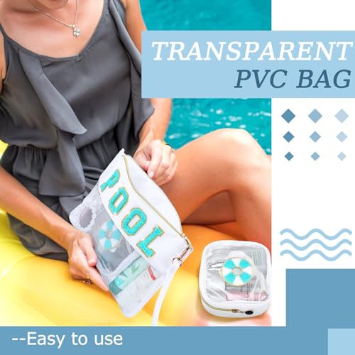 Hillban 2 Pcs Pool Bag Makeup Cosmetic Bag Clear Sunscreen Toiletry Zipper Pouch Beach Travel Summer Stuff Preppy Chenille Letter Patch Pouch PVC Waterproof Organizer Storage Mini Purse for Women - style: Pool Theme