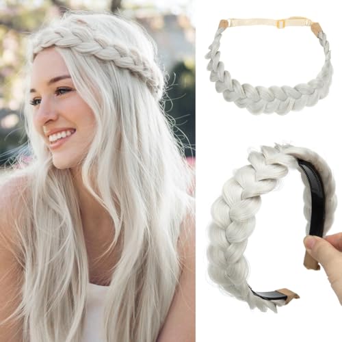 CJL HAIR 2PCs Braided Headbands Hair Piece for Women Synthetic Hair Hoops Head Bands Handmade Braid Hairband Accessories Elastic Stretch Headwrap Silver Grey - color: 2PCS-Silver Grey