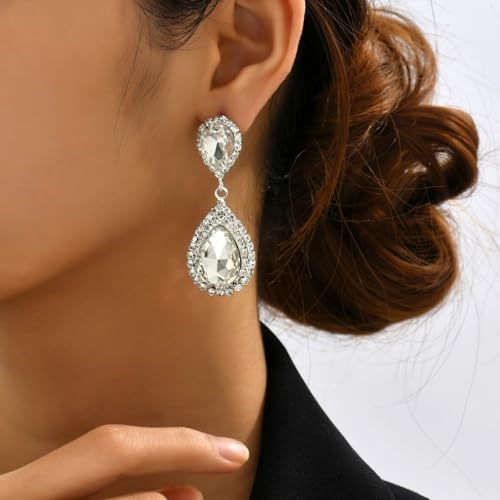 Bridal Statement Earrings for Women, Long Tassel Earrings Sparkling Rhinestones Crystals Earring Exaggerated Wedding Bridal Earrings Elegant Jewelry for Wedding Engagement Party - color: Silver