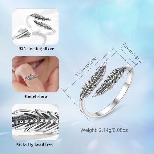 Vito 925 Sterling Silver Adjustable Open Spoon Ring for Women Men, Lotus Sunflower Snake Spoon Band Rings Feather Hug Witches Knot Inspirational Jewelry Gift for Wife - style: Feather-1