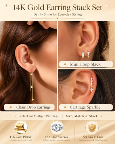 LOYALLOOK Hypoallergenic Flat Back Stud Hoop Earrings for Women, 14K Gold Plated Surgical Steel Earring Stacks Set for Sensitive Ears, Dainty Dangle Chain Silver Cartilage Earring Trendy Piercing Jewelry - color: Gold-chain