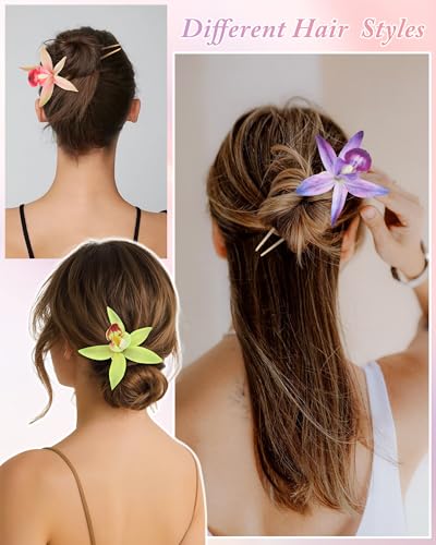 WELROG 3 Pack Hawaiian Orchid Flower Hair Pins,Metal Hair Sticks for Beach Vacation,Non-Slip Fork for Thick Hair Updo - color: Purple+Pink+Green