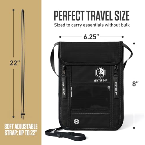 VENTURE 4TH Neck Wallet – RFID Blocking Passport Holder for Travel, Hidden Passport Wallet, Concealed Travel Wallet for Women, Men & Family (Pure Black) - color: Pure Black