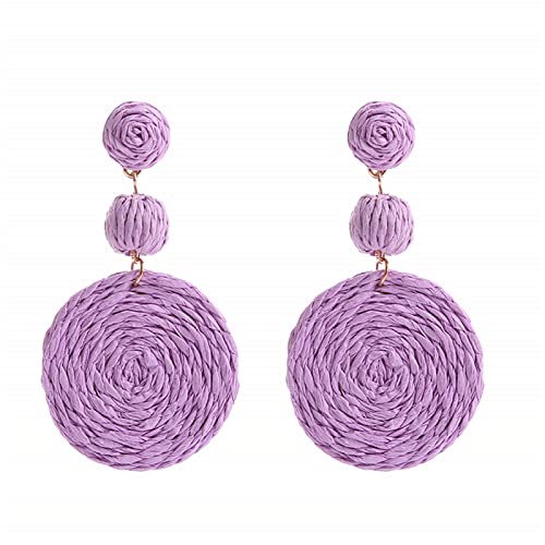 Boho Raffia Ball Earrings for Women, Handmade Statement Drop Earrings Straw Dangle Earrings Beach Vacation Jewelry - color: Purple