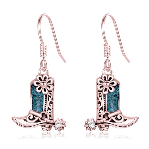 Western Earrings for Women 925 Sterling Silver Turquoise Western Country Dangle Drop Earrings Country Jewelry Gifts for Cowgirl Cowboy - style: Cowboy Boot-A Rose Gold