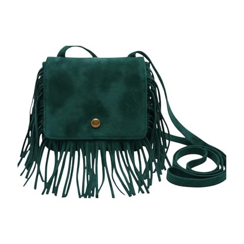 Cute Suede Tassel Mini Crossbody Bag, Boho Fringe Festival Purse for Coachella Outfits, Small Hippie Shoulder Pouch - color: Green