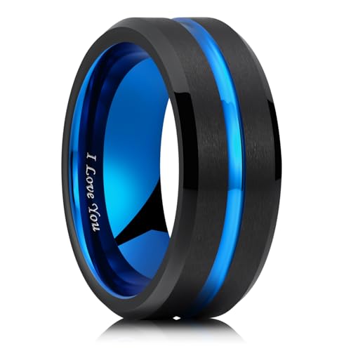 King Will Mens Tungsten Rings for Men Two Tone Grooved Mens Wedding Band Cool - color: Black & Blue 8mm, I Love You