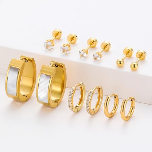 Silver Gold Plated Surgical Steel Flat Back Earrings for Women Hypoallergenic 14K Gold Plated Stud Huggie Earring Set Fashion Shell Cubic Zirconia Flatback Studs Cartilage Earrings Pack for Multiple Piercing 5/8Pairs - color: 6 Pairs Gold Plated Shell Wat