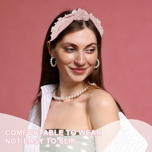 Pink Headband Bow Pearl Knotted Headbands for Women Girls Cute Fashion Wide Headbands for Women Non Slip Hairbands Head Bands for Women's Hair Bow Hair Accessories - color: Pink-03