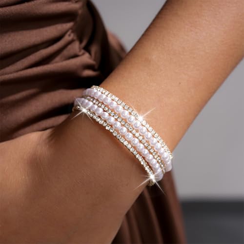 Silver Pearl Bracelet for Women Sparkly Stretch Rhinestone and Pearls Bangle Cuff Adjustable Faux Diamond CZ Bracelets Bling Wedding Costume Jewelry - color: Gold-5Row
