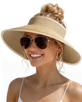 Womens Sun Visor Hats Wide Brim Straw Beach Hat UV Protection Ponytail Packable Beach Vacation Essentials - color: Mix Beige