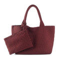 Woven Bag for Women, Large Neoprene Tote Bag Summer Beach Handbag Purse Retro Handmade Travel Shoulder Bag Set - color: Claret