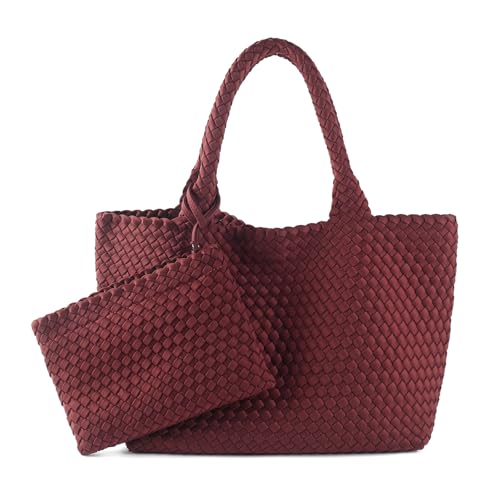 Woven Bag for Women, Large Neoprene Tote Bag Summer Beach Handbag Purse Retro Handmade Travel Shoulder Bag Set - color: Claret