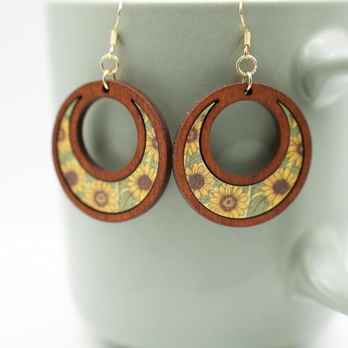 Boho Teardrop Earrings, Handmade Copper Bohemian Earrings, Dangle Antique Ethnic Jewelry for Women - color: Wood Sunflower
