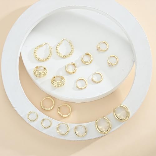 9 Pairs Small Gold/Silver Hoop Huggie Earrings Set for Women, 14K Gold Plated Chunky Hoop Small Earring Hypoallergenic Thick Open Lightweight Chunky Hoop Earrings Jewelry for Gifts - color: gold-1