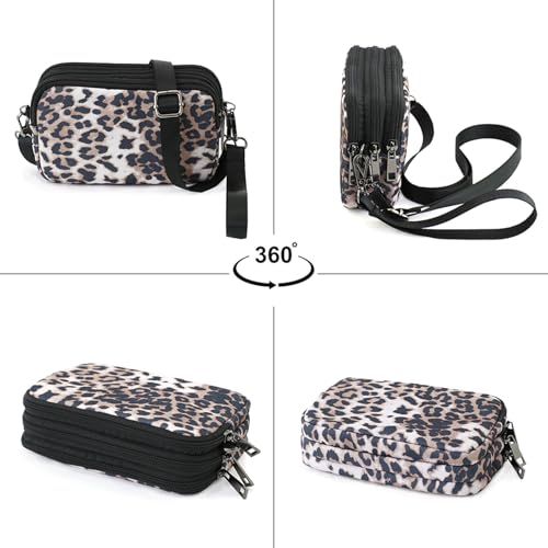 Small Wristlet Wallet for Women, 3-Zip Crossbody Phone Purse - color: Whitemesh-d-leopard/Polyester